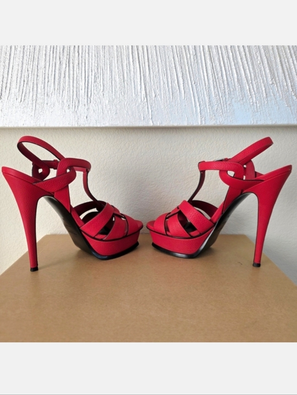 YSL Yves Saint Laurent Red Leather Strappy Ankle Strap High Heels EU38 / US8 - Picture 7 of 13